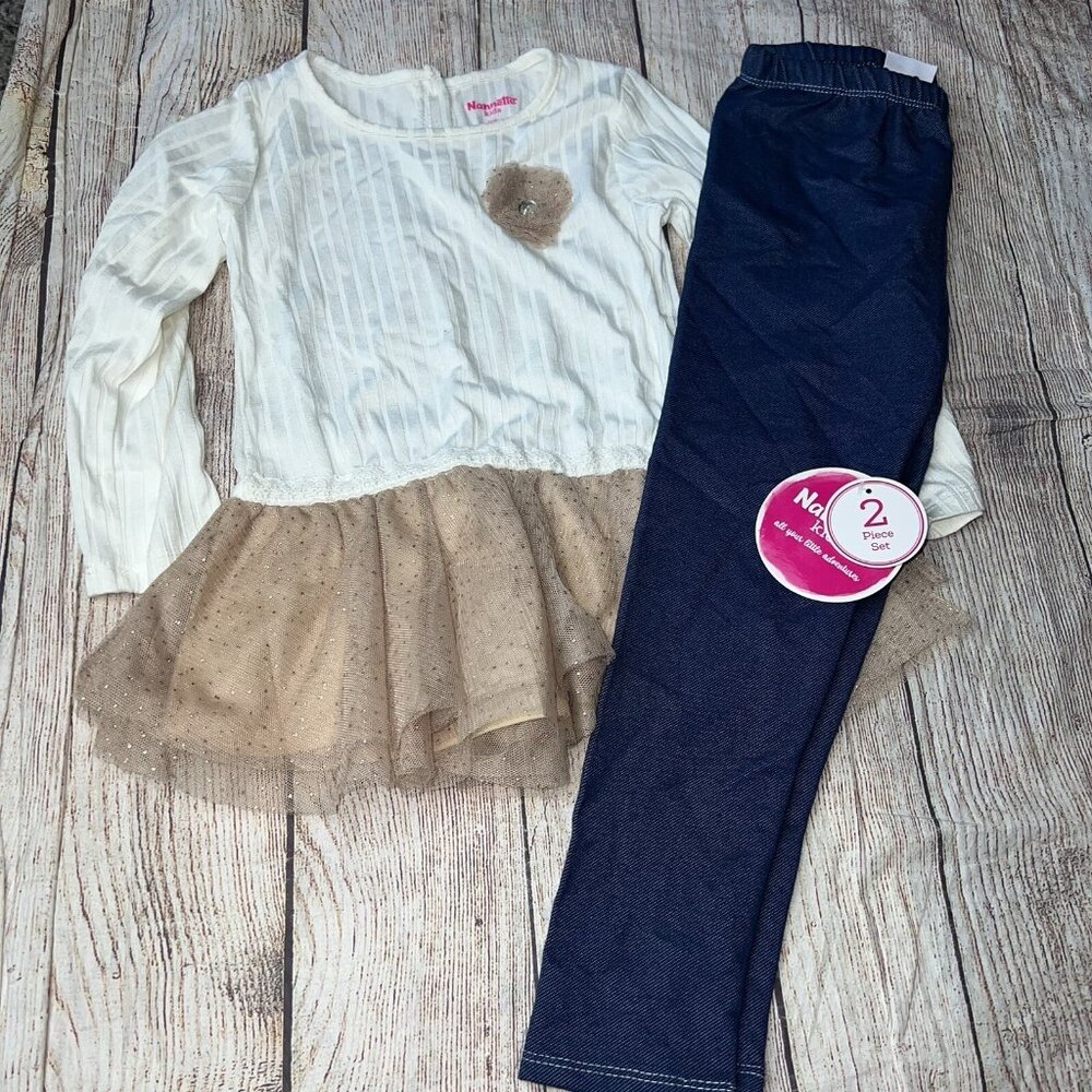 Nanette Kids Size 6 Girls Ruffle Gold Ivory Long sleeve Outfit NEW